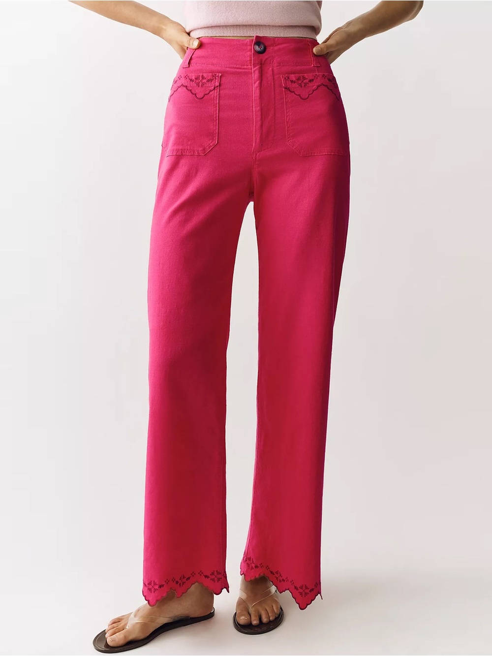 Anthropologie - Maeve Colette Lace Trim High-Rise Wide-Leg Pants - Raspberry